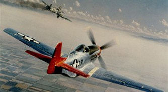 A Tuskegee airplane flying in the middle of a battle