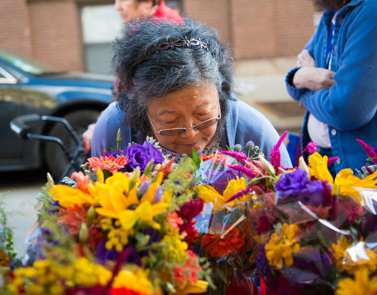 A woman looks through the flowers at the Andersonville Farmer's Market