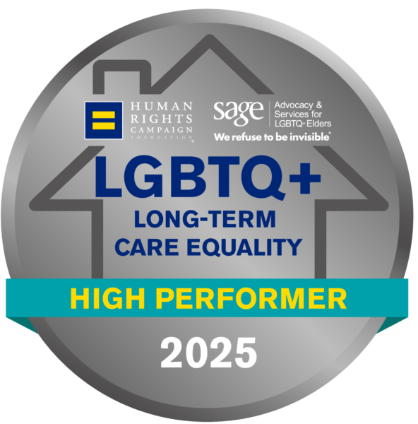 A grey badge that reads, "LGBTQ+ Long Term Care Equality High Performer."