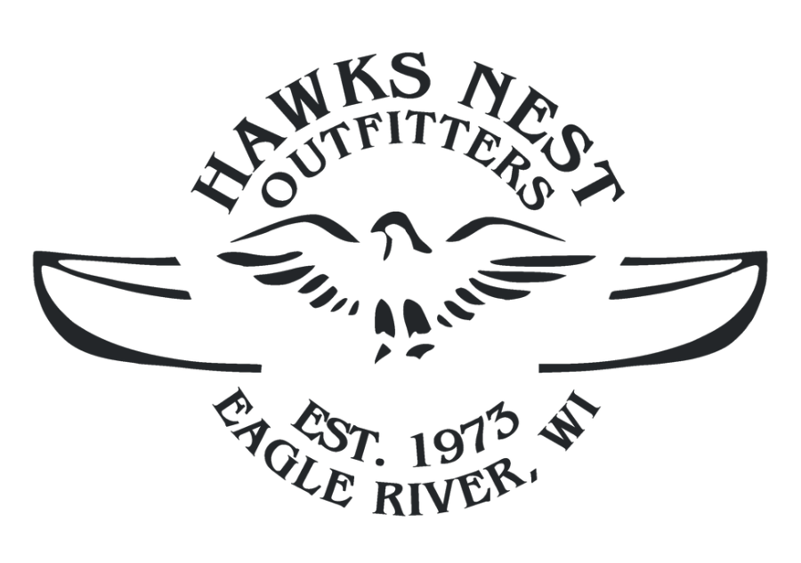 A logo for Hawks Nest Outfitters with a stylized image of a hawk.
