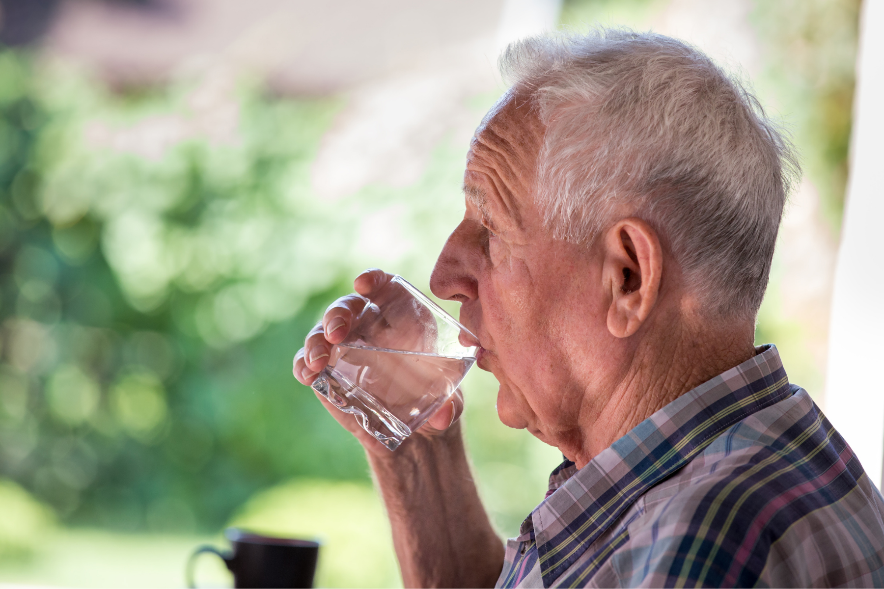 A senior man drinks from a glass of water while looking out the window of his home on a sunny day.