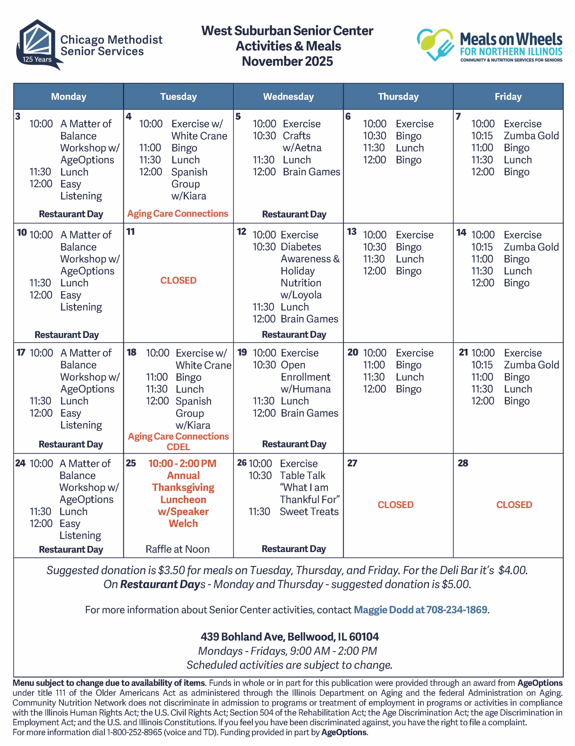 Calendar showing events and activities at the West Suburban Senior Center in November 2025.